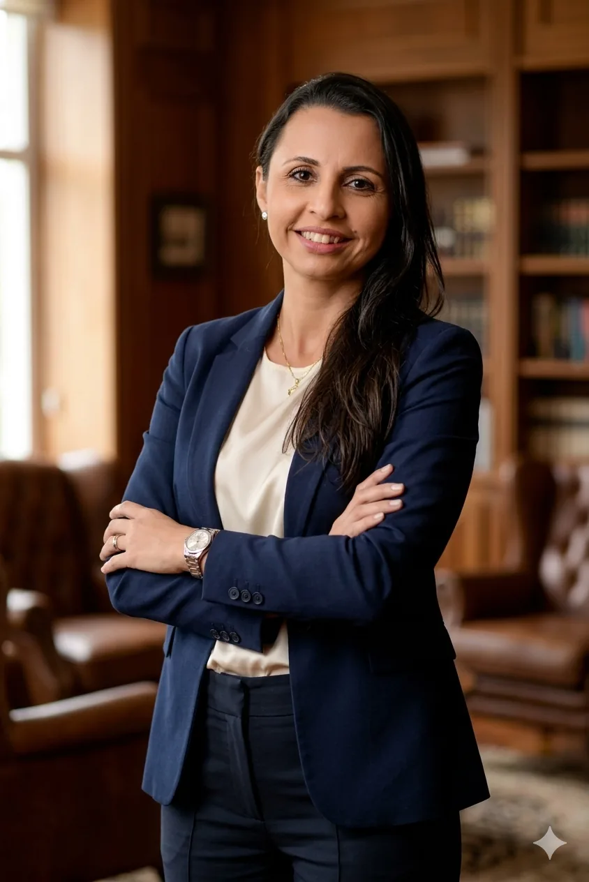 Livia Chagas de blazer azul-marinho em uma biblioteca